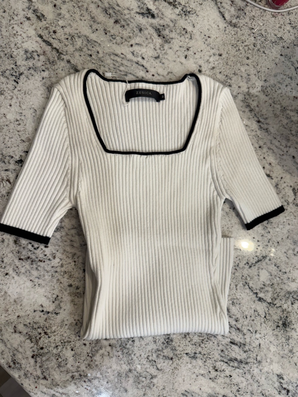 White Ribbed Square-Neck Top with Black Trim